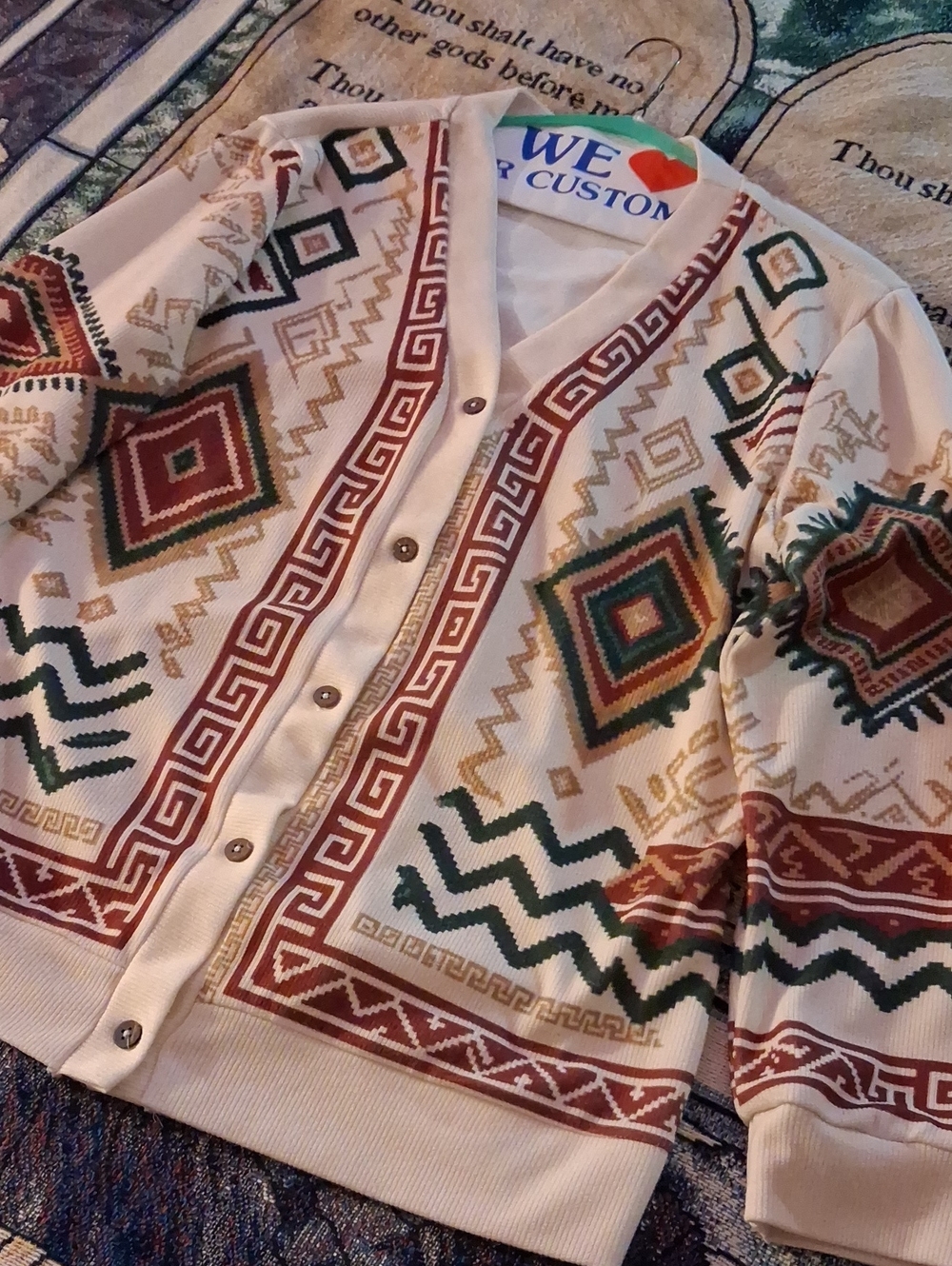Custom Cream Aztec-Pattern Button Cardigan